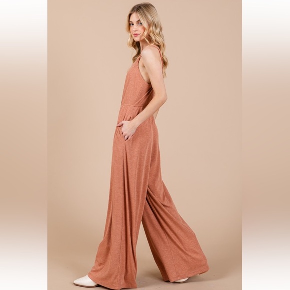 Solid Wide Leg Ribbed Knit Jumpsuit - Picture 4 of 5
